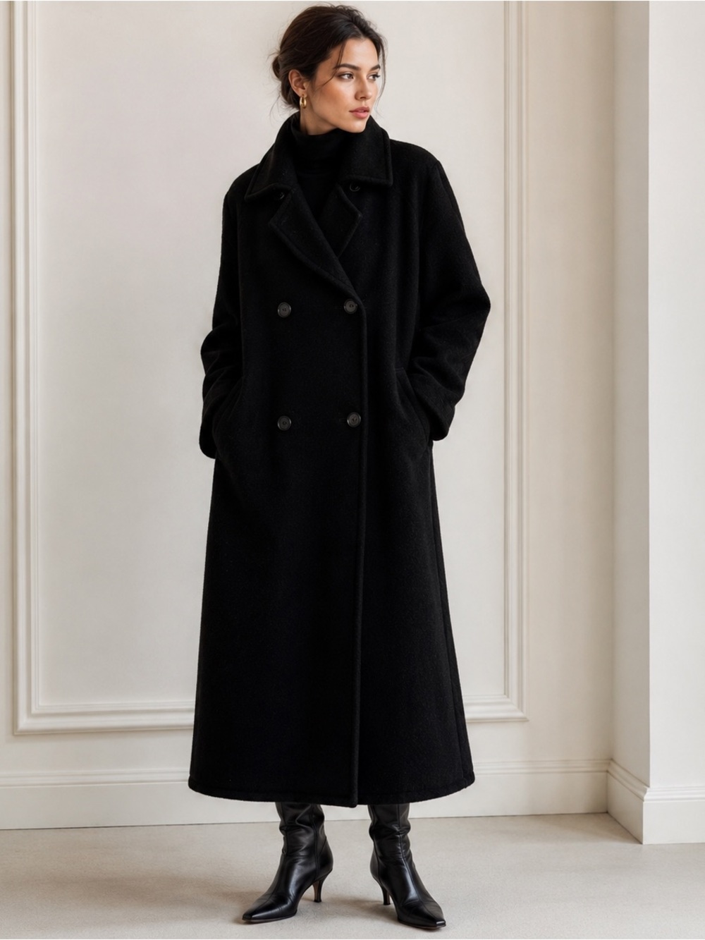 Max Mara Wool Coat Size 10 Black Double Breasted Long Italy Luxury Classic